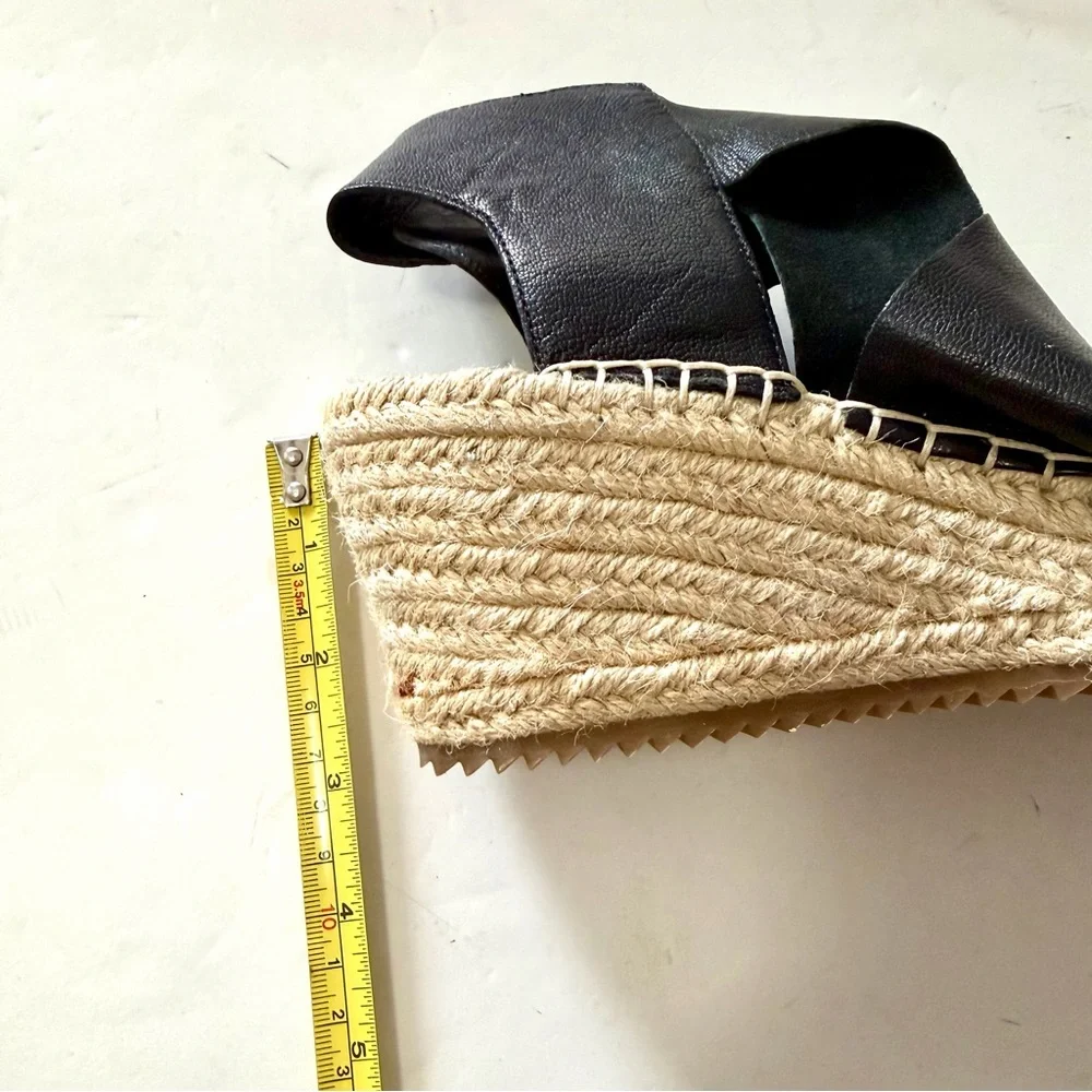 Eileen Fisher Willow Black Wedge Espadrille Platform Leather Sandals Size 8